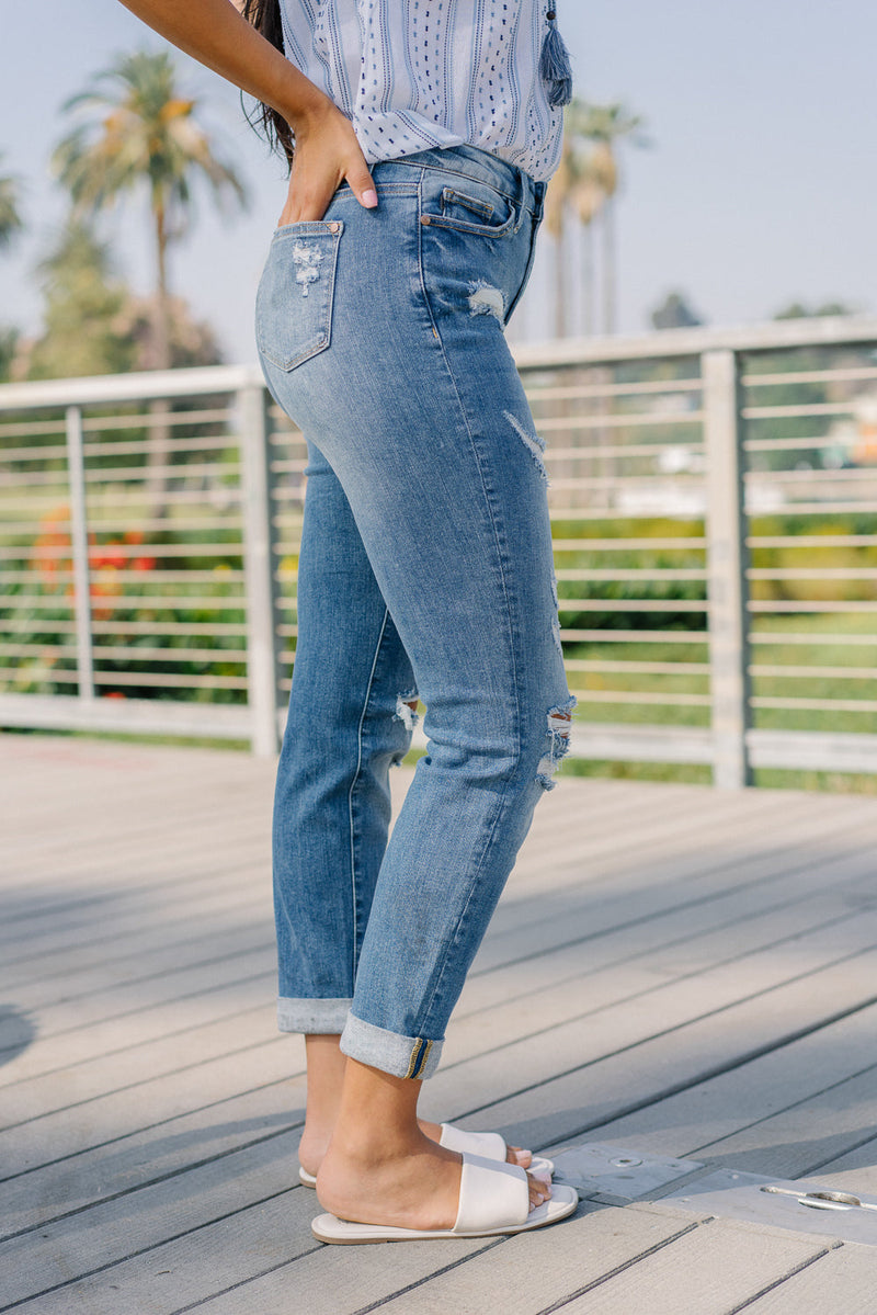 JUDY BLUE HW CUFFED BOYFRIEND JEANS