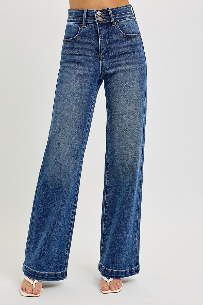 KRISTIE TUMMY CONTROL HIGH RISE WIDE DOUBLE WAIST RISEN JEANS