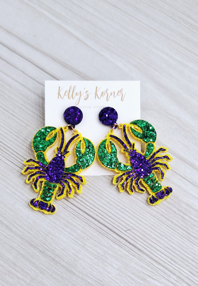 GLITTER MARDI GRAS CRAWFISH EARRINGS