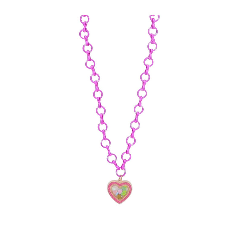ENCASED CONFETTI HEART HOT PINK CHAIN NECKLACE