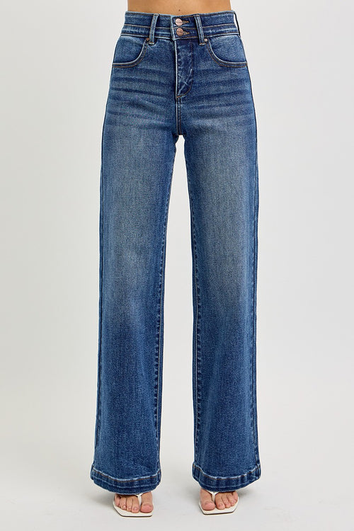 KRISTIE TUMMY CONTROL HIGH RISE WIDE DOUBLE WAIST RISEN JEANS