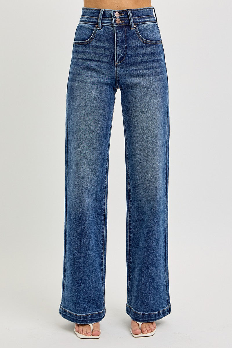 KRISTIE TUMMY CONTROL HIGH RISE WIDE DOUBLE WAIST RISEN JEANS