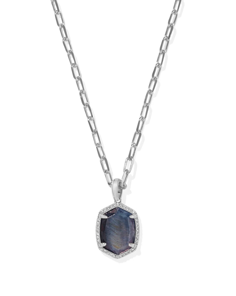 DAPHNE SILVER PAVE FRAME SHORT PENDANT NECKLACE IN NAVY TIGER