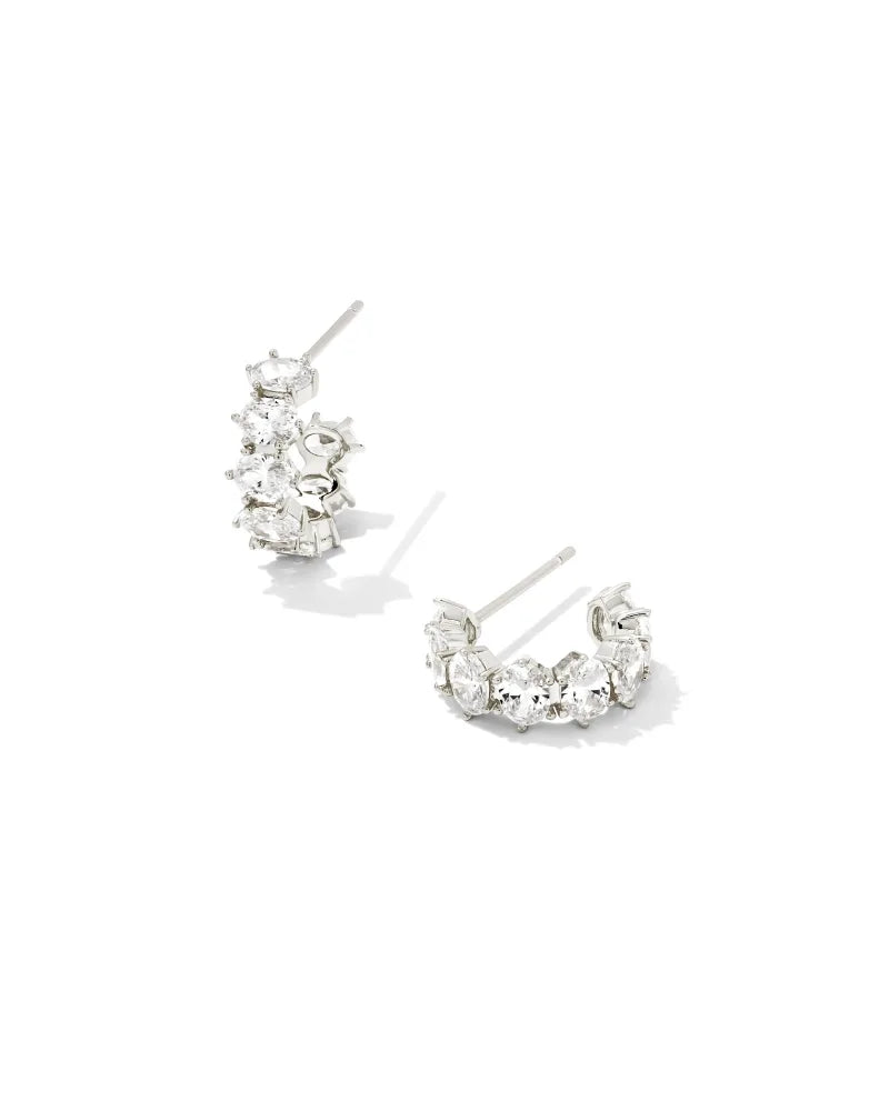 Cailin Silver Huggie Earrings in White Crystal