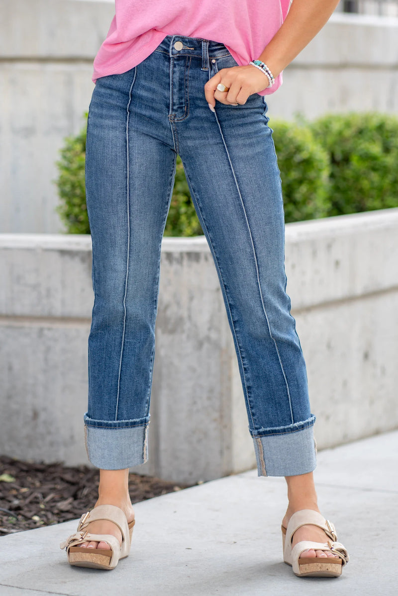 RISEN HIGH RISE ANKLE STRAIGHT WIDE CUFFED JEANS