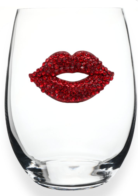 RED LIPS JEWELED STEMLESS WINE GLASS