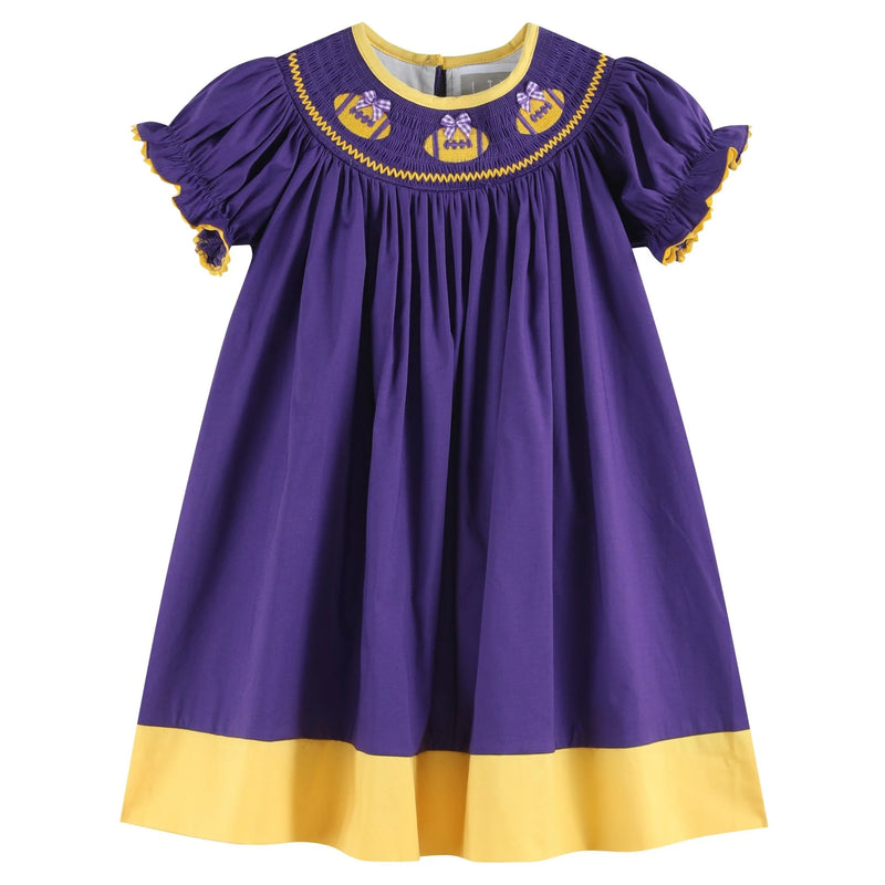 PURPLE & GOLD FOOTBALL SMOCKED DRESS