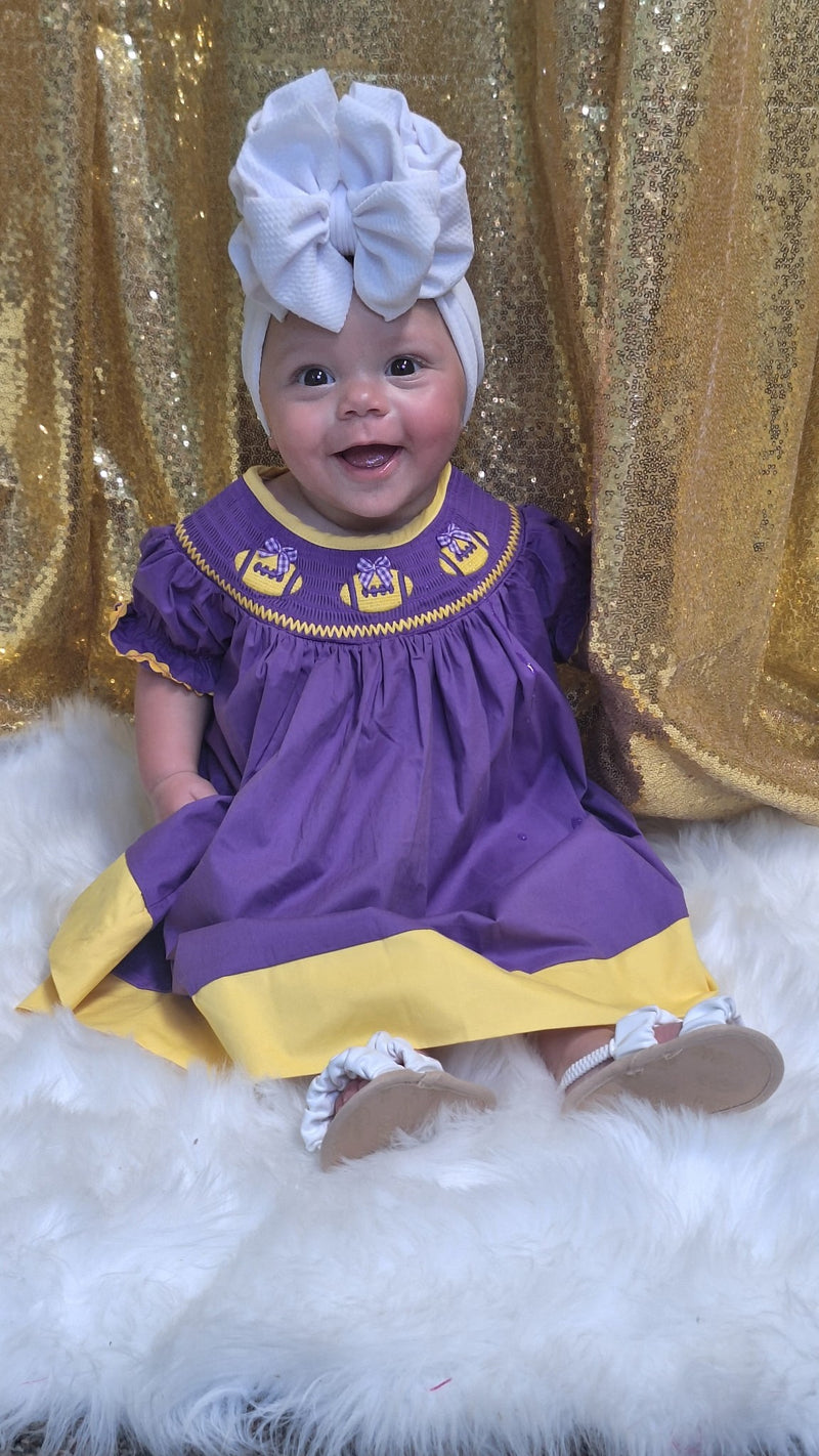 PURPLE & GOLD FOOTBALL SMOCKED DRESS