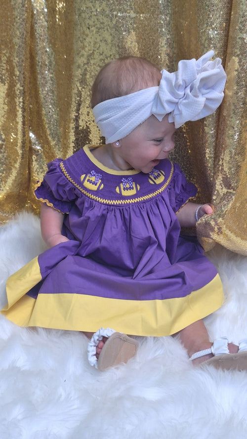 PURPLE & GOLD FOOTBALL SMOCKED DRESS