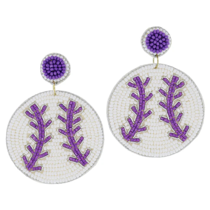 PURPLE BEADED BASEBALL EARRINGS