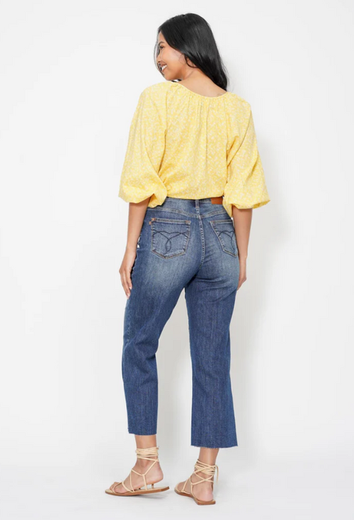 JUDY BLUE HW BACKPOCKET EMBROIDERY CROP WIDE JEANS