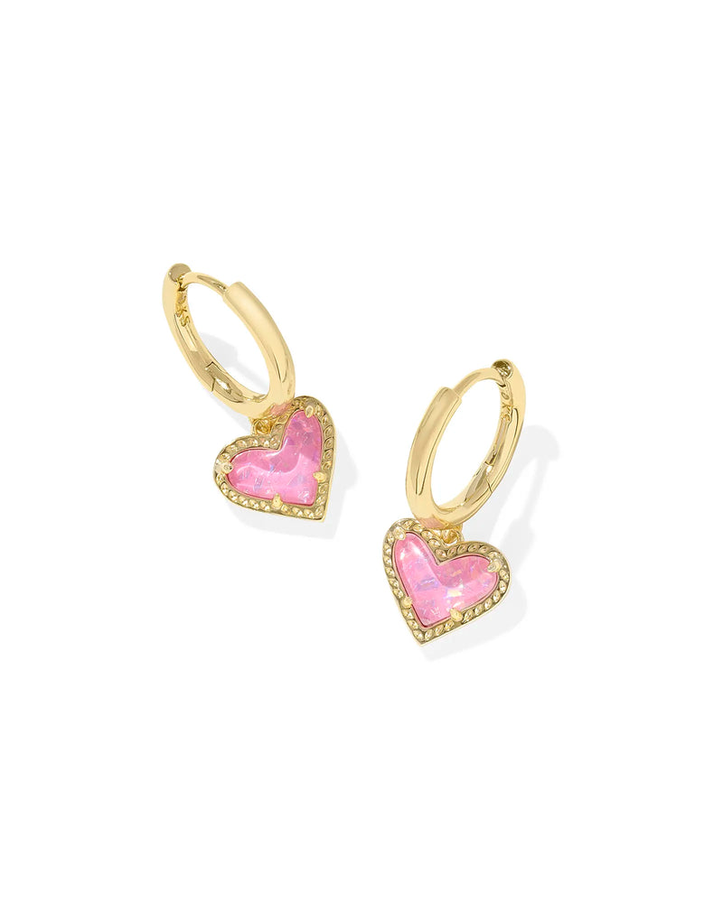 Ari Heart Gold Huggie Earrings in Pink Iridescent Glitter Glass