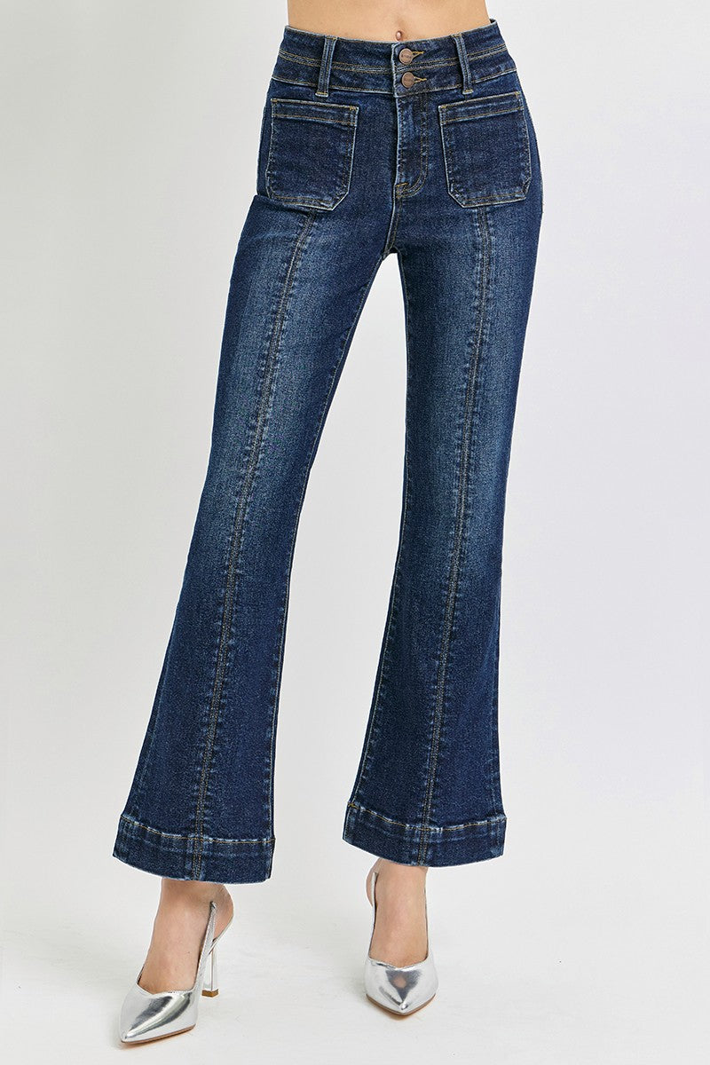 HIGH RISE ANKLE BOOTCUT DOUBLE WAIST BAND JEANS