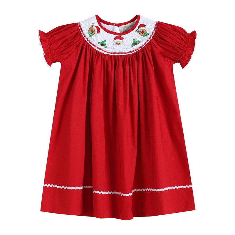 RED SANTA AND REINDEER SMOCKED DRESS