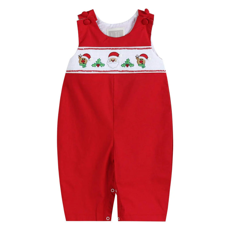 RED SANTA AND REINDEER SMOCKED OVERALLS