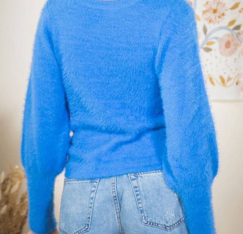 BALLOON SLEEVE SOLID FUZZY SWEATER
