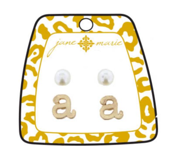 GOLD BLOCK INITIAL WITH PEARL STUD EARRINGS