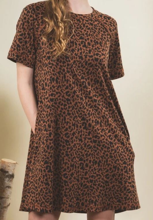 CAMEL LEOPARD DRESS WITH POCKETS