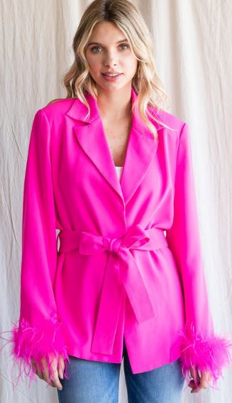 LIZZI HOT PINK SUIT JACKET WITH FEATHERS