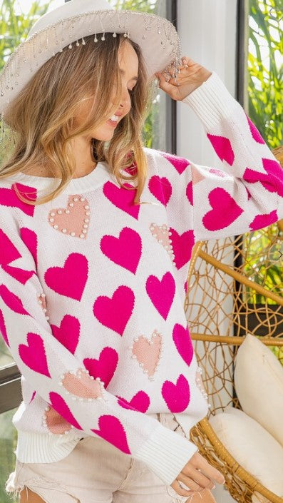 MEGAN HEART PRINT PEARL SWEATER