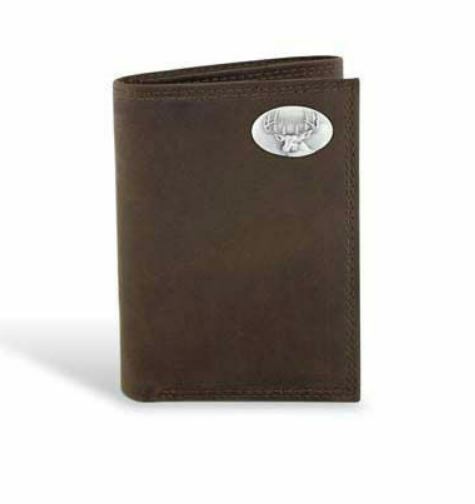 BROWN TRIFOLD WALLET WITH EMBLEM