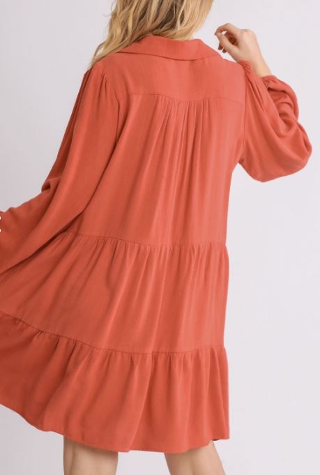 L/S COLLAR SPLIT V-NECK RUFFLE DRESS