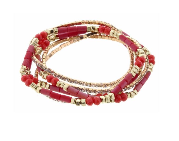 GOLD AND DARK CORAL BEADED STRETCH BRACELET